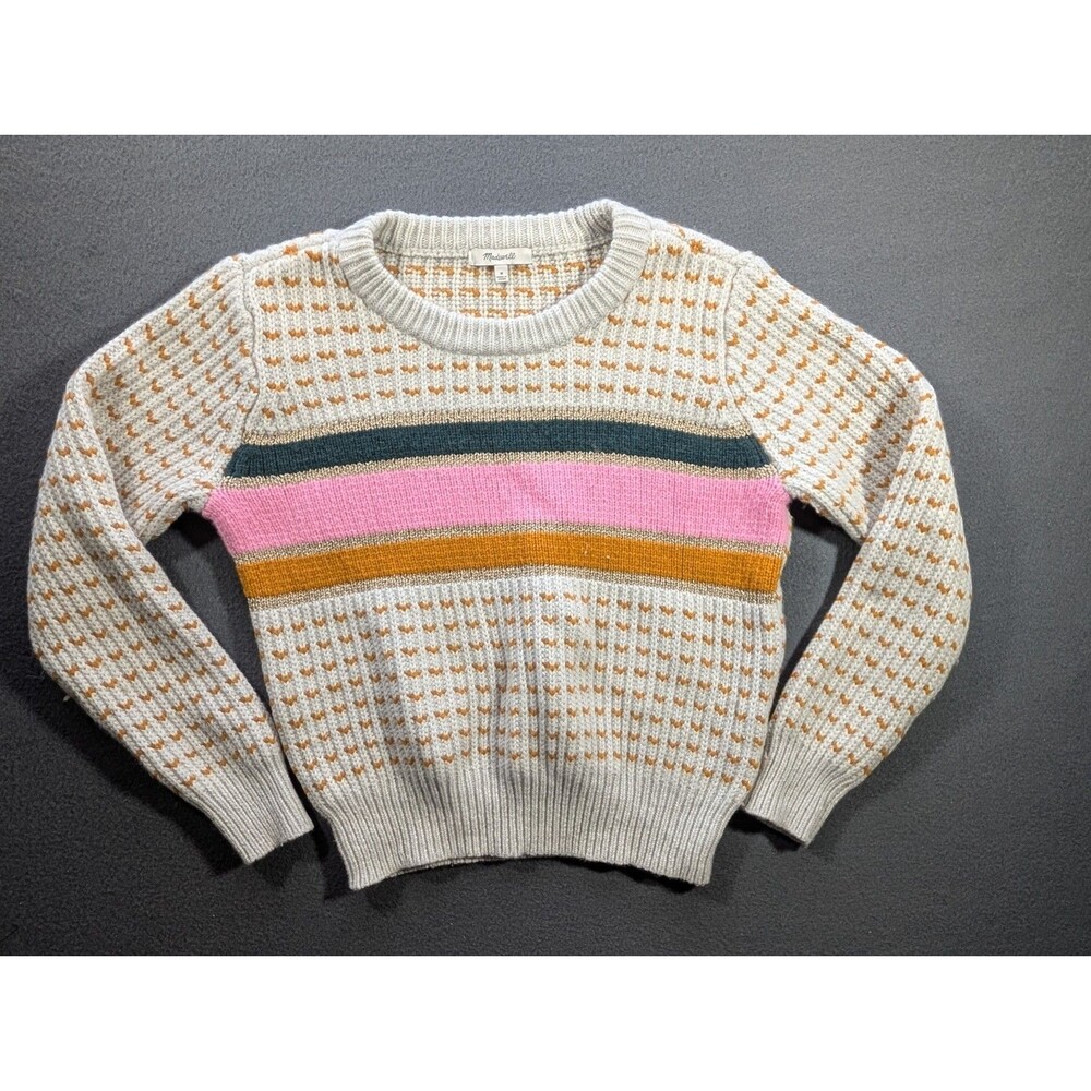 Madewell Women’s Medium Fair Isle Stripe Crewneck Sweater Pink Green Gold